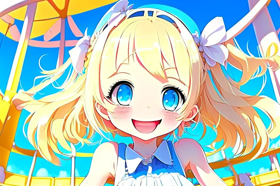 contented cute blonde blue eyed chibi girl in the amusement park in sunshine