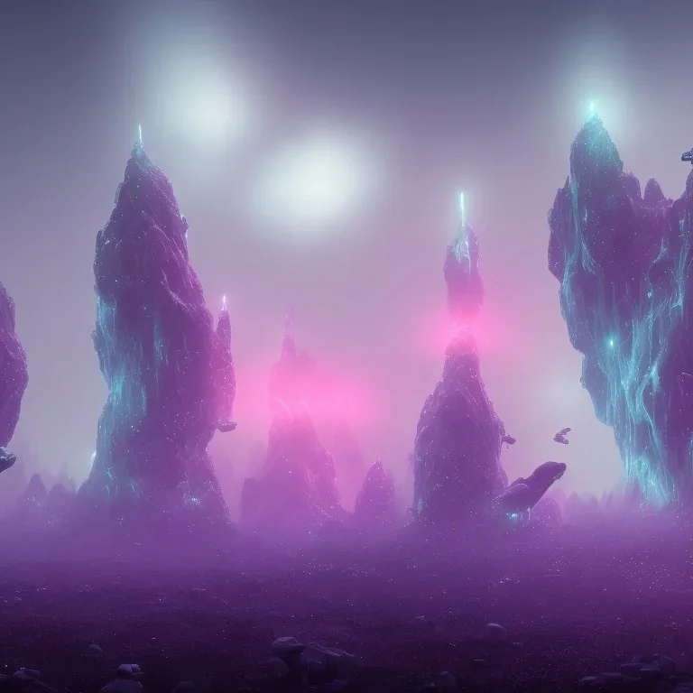 ALIENS FLOATING in the fog, FOGGY NIGHT, mountains, GLOWING, PURPLE, TOWERS, 4K, 8K, CINEMATIC