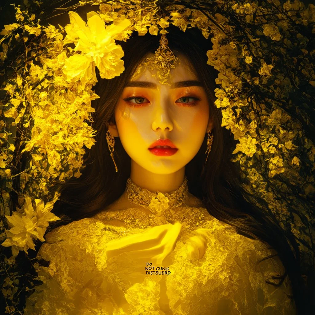 A mysterious and romantic photo quality artwork as cover art for a song with the title "do not disturb" , yellow oriental vibes