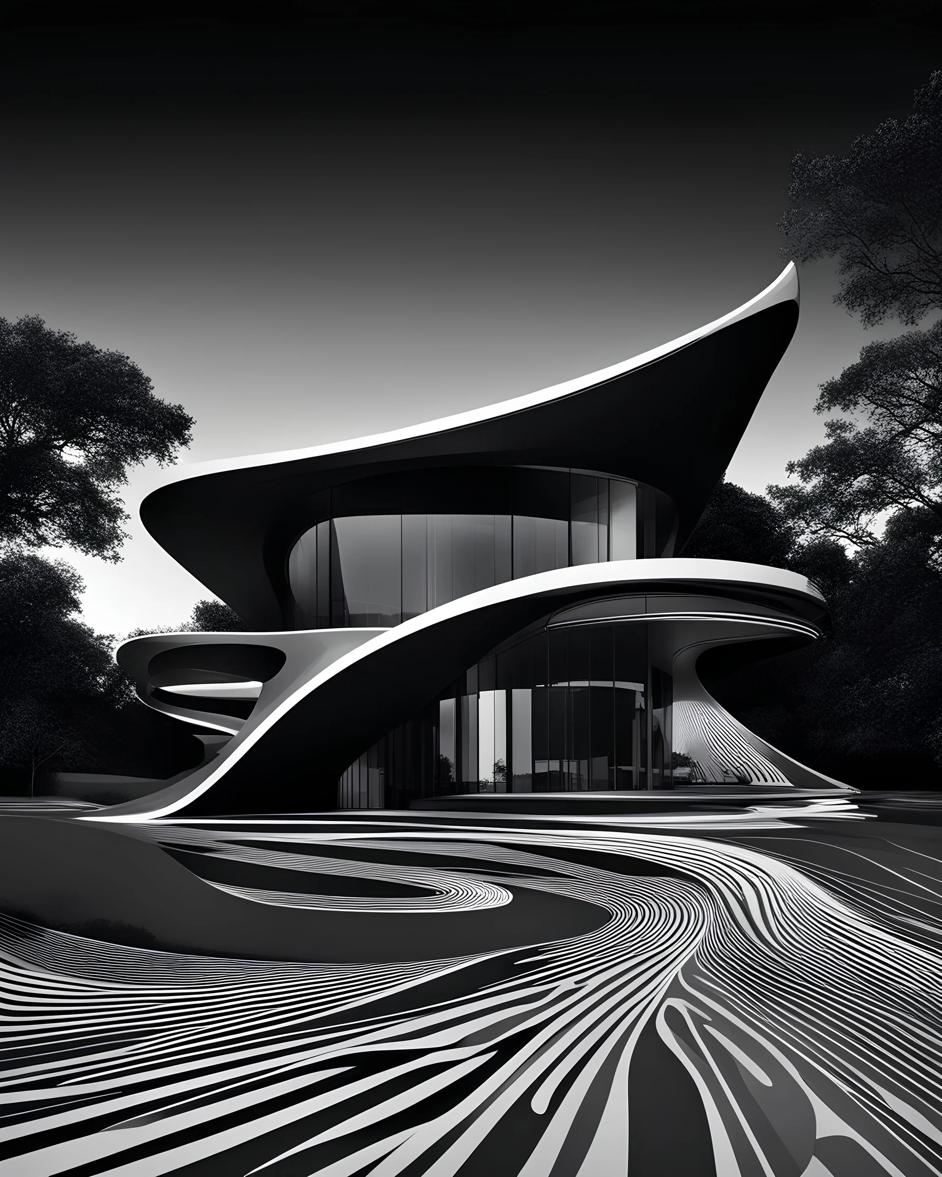 Casa campestre estilo Zaha Hadid, аrte lineal, fondo negro, cuerpo completo retrato