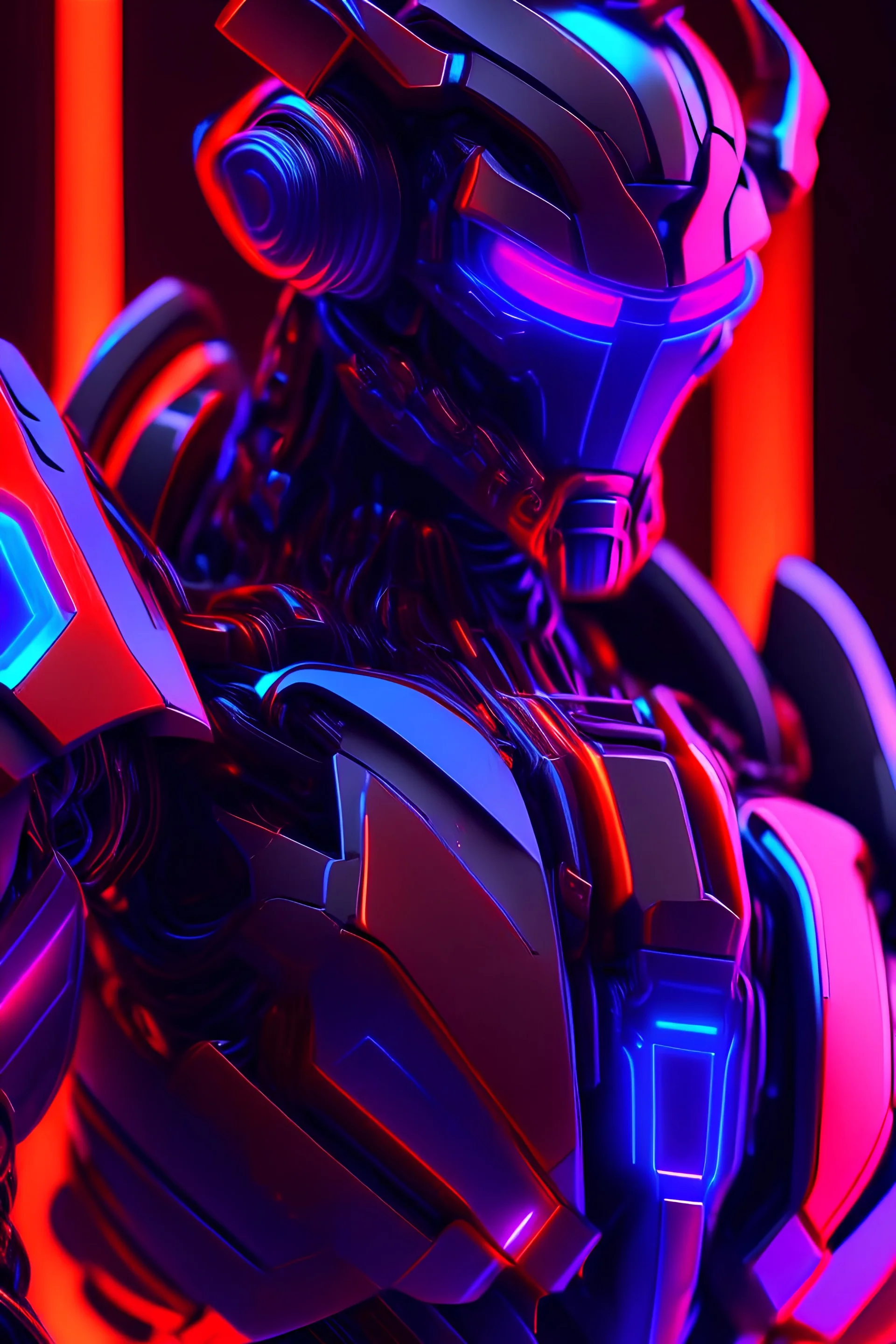 une atmosphère futuriste avec un robot en gros plan en 3d composant les couleurs rouge, orange, violet et bleu et un fond noir