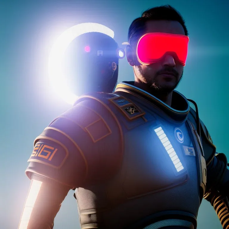 portrait, eternal samurai fusion space suit, floating in space, sun burning bright in background, neon light, 8k, 3d, blender