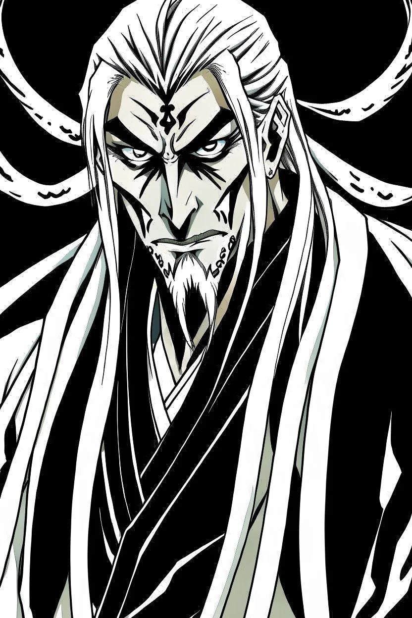A manga-style portrait of a fierce male Shinigami from Bleach, tall and muscular, with wild silver-gray hair, steel-colored eyes, and a scar across his left brow and cheek. He wears a tattered captain's haori of the 11th Division, open kimono revealing a dragon claw tattoo on his chest, and metallic claws on his forearms. He smirks defiantly, standing in a dynamic pose with silver reiatsu swirling around him.