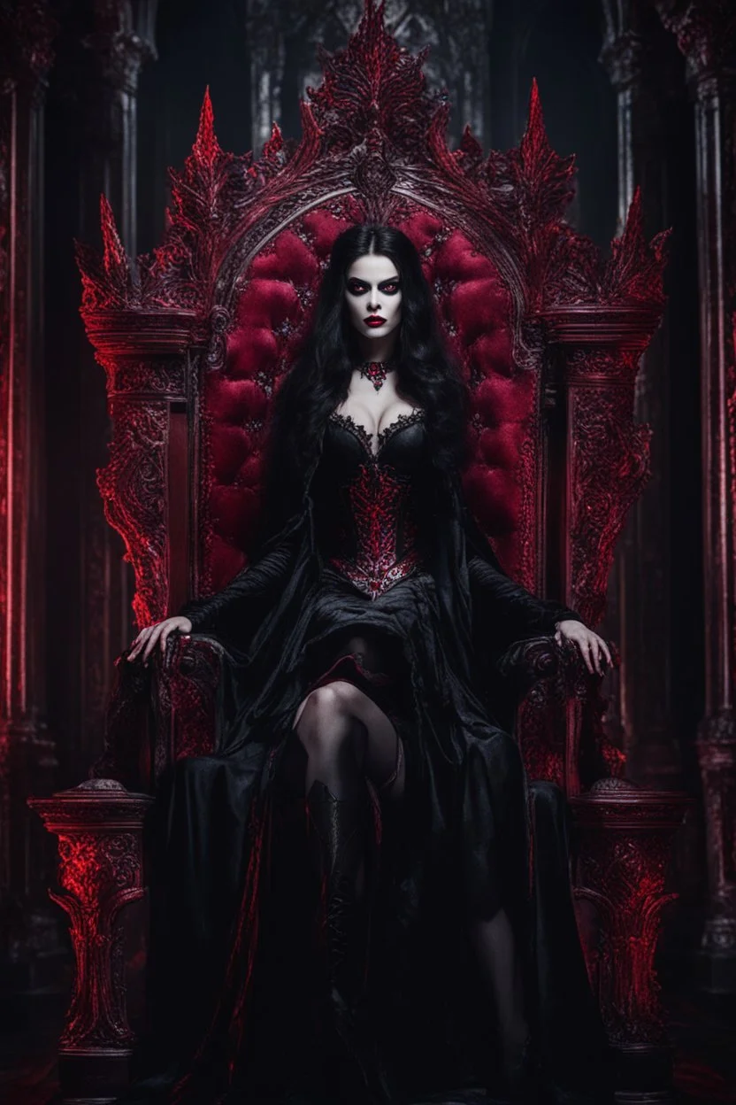 Photography Horror Art of The majestic Dark Vampire Queen,red eyes bright,sits on his throne, in darkness palace background , close-up portrait