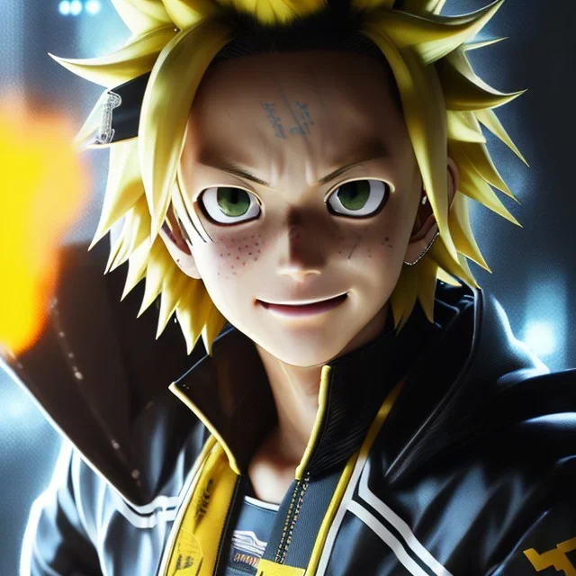 Detailed anime portrait of denki From my hero academia, yellow hair, black suit, intricate details, full body portrait, keep head in frame, slight smile, black Japanese motif, concept art, highly detailed, digital painting, concept art, sharp focus, illustration, art by Yoji Shinkawa, WLOP and greg rutkowski and alphonse mucha and artgerm and yanjun Chen and Junji ito and Makoto Shinkai, HDR, octane render