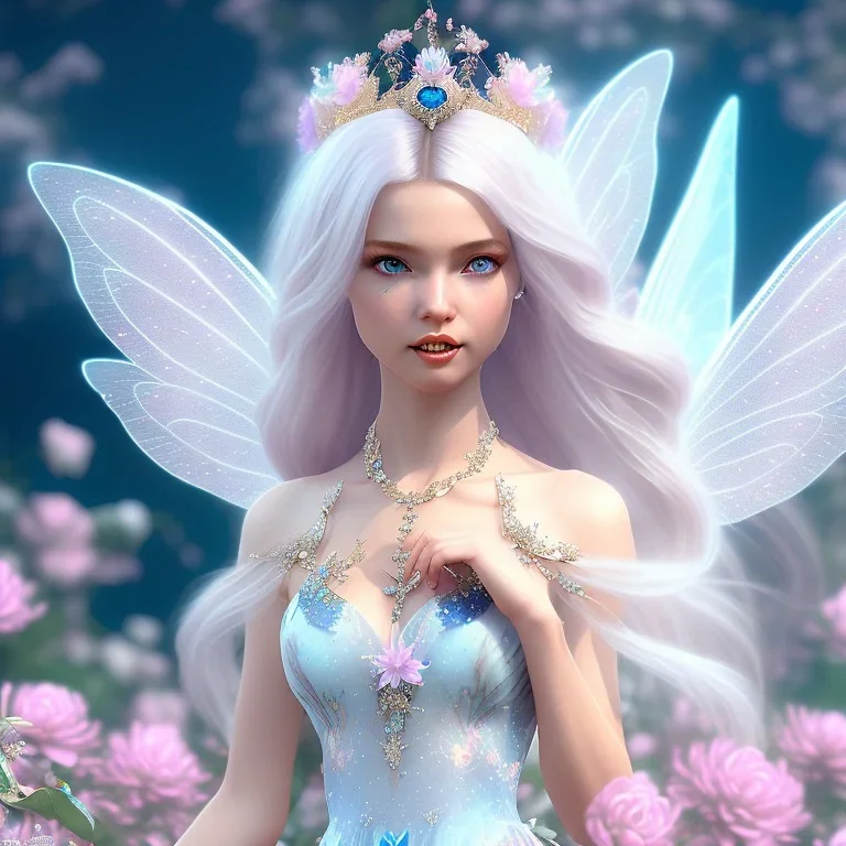 cute fantasy fairy with transparent wings, smiling, blue eyes, long platinum blond hair with crown and flowers, pink dress, unreal engine