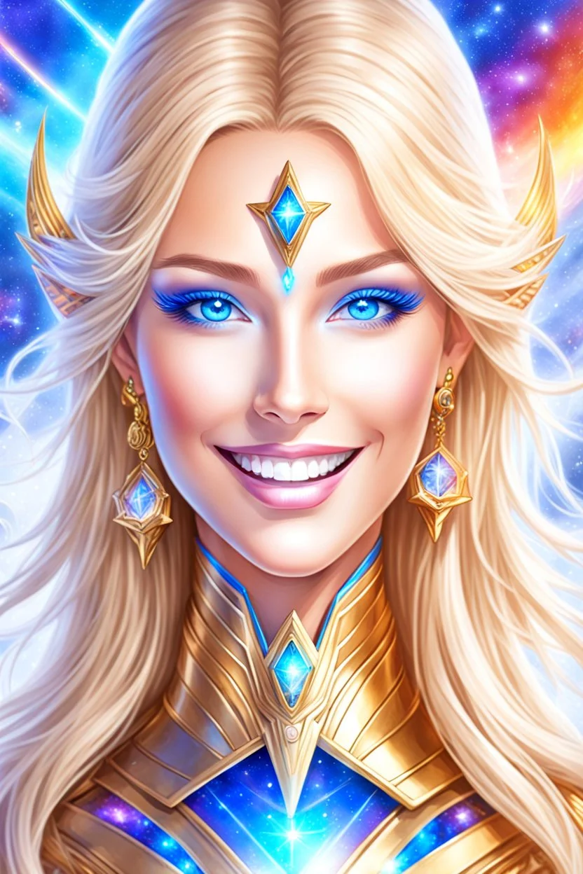 cosmic woman smile, admiral from the future, galactic confédération, fine whole face, crystalline skin, expressive blue eyes,rainbow, smiling lips, very nice smile, costume pleiadian, Beautiful tall woman pleiadian Galactic commander, ship, perfect datailed golden galactic suit, high rank, long blond hair, hand whit five perfect detailed finger, amazing big blue eyes, smilling mouth, high drfinition lips, cosmic happiness, bright colors, blue, pink, gold, jewels, realist, high,rainbows