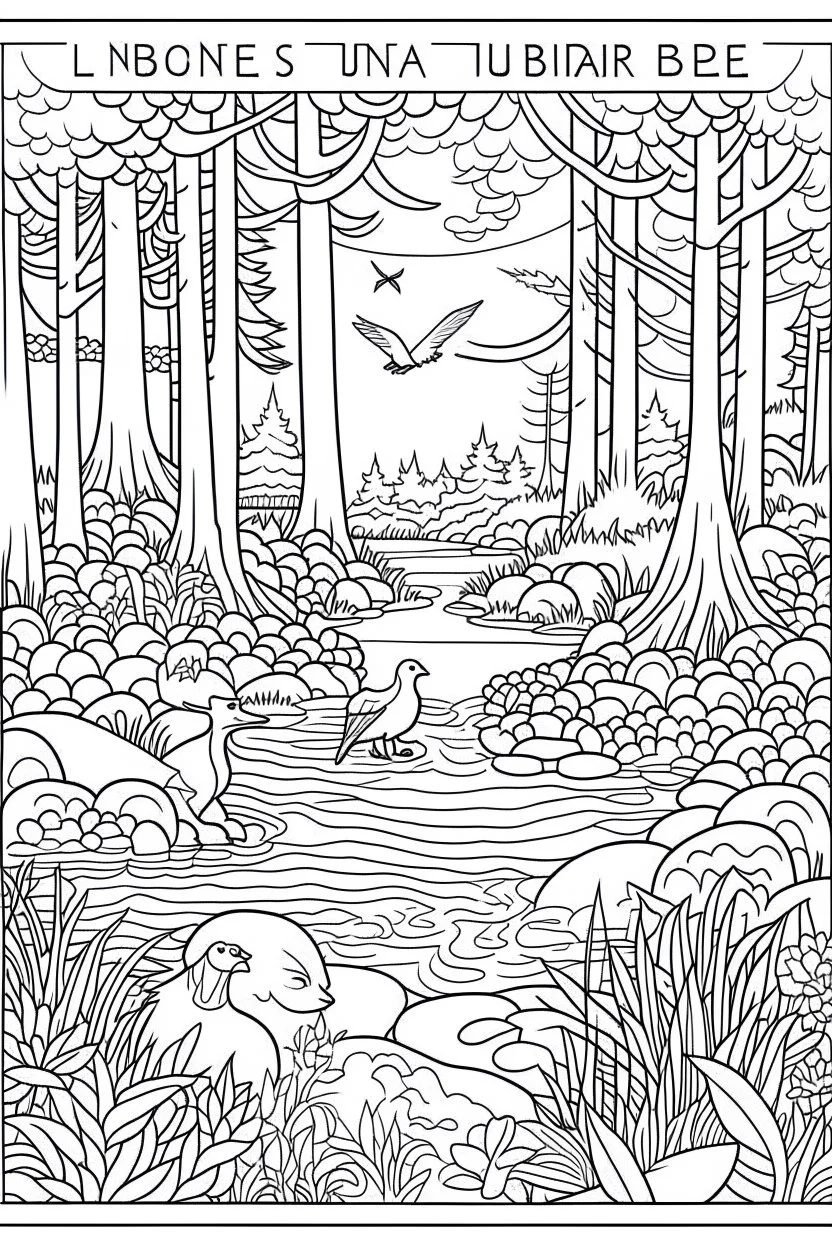 coloring page, nature, relaxing, "Enchanted Forest Retreat: Discover a peaceful scene with towering trees and woodland creatures." full view, realistic, coloring page, only draw lines, coloring book, clean line art, –no sketch, color, –ar 3:4, white background, minimalistic black lines, minimal black color, low level black colors, coloring page, avoid thick black colors, thin black line art, avoid colors, perfect shape, perfect clear lines,