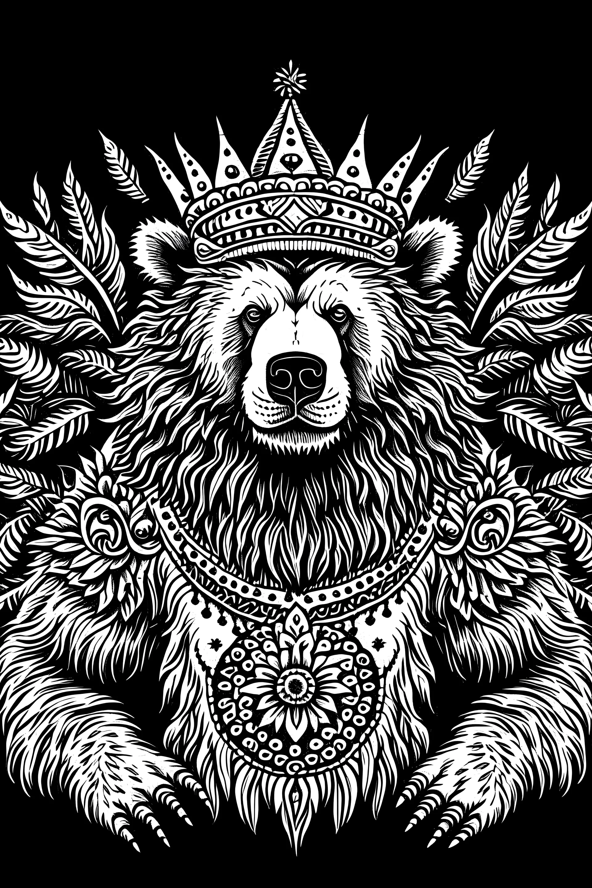 Wiccan Grizzly with palms up wearing a crown black and white