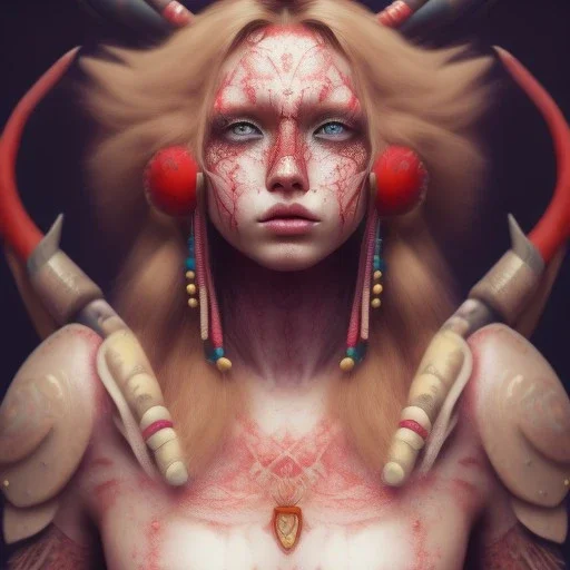 Barbarian anime character, animal hide armor, physically fit, tribal tattoos, scars, washboard abs, red facepaint, red hair, dark eyeshadow, intricate eyeliner, soft round eyes, beads in hair, 8k resolution, cinematic smooth, intricate details, vibrant colors, realistic details, masterpiece, oil on canvas, smokey background