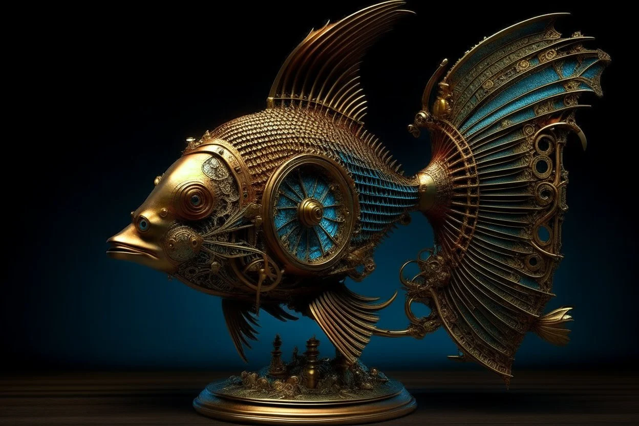 Elegant steampunk themed (Siamese Fighting "Beta fish") with LARGE mechanical fins, brass, copper, shiny black lacquer, gold filigree LYRE tail, blue background. Modifiers: sharp focus elegant extremely detailed crisp quality Jacek Yerka Gediminas Pranckevicius Craig Mullins Midjourney style dark Gothic theme elegant