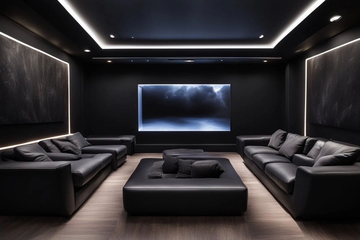 a black themed dedicated home cinema room with LED ambient lighting in the walls make sure the room is completely symmetrical