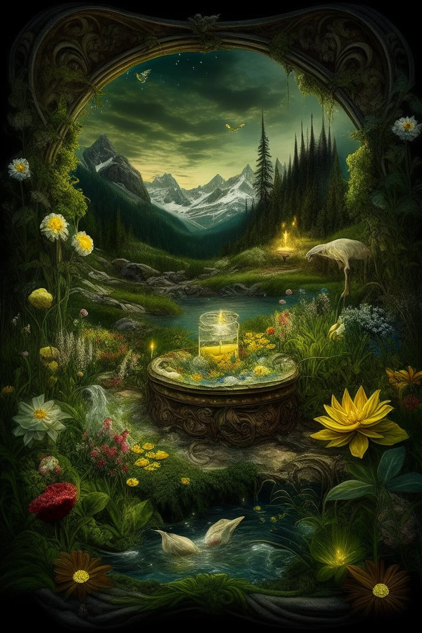 Hyperrealism against the background of a spring landscape in the forest +mirror with a tsunami whirlpool +mountains +ritual +candles+dried flowers+wildflowers+moss++decoupage of flowers+embroidery technique+braided beads+vine+moonlit night,fabulous landscape,surrealism,realism,naturalism,dot technique,microdetalization,high detail objects,digital illustration,volumetric clarity,dark fantasy,dark botanical, professional photo