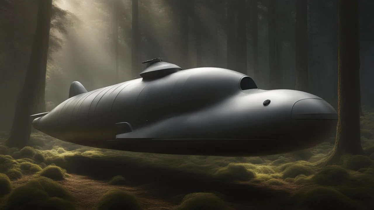 Sleek, smooth, small Cargo Spaceship, shaped like a submarine, landing in a forest