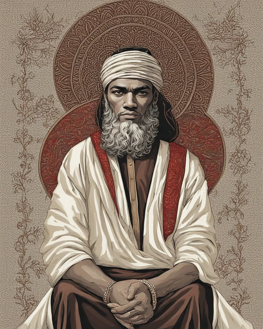 Ali, peace be upon him, was a man of medium height and stout, with long and arched eyebrows, big and black eyes, the white of which was mixed with red. His face was shining with beauty, it was like wheat. His hair was falling in front of his head and behind his head was hair like a jeweled headband. Because his neck was as narrow as silver, he had a big belly and firm back, a broad chest, fleshy and even and smooth sides, and fleshy and thick hands and fingers. His arm and forearm were tangled t