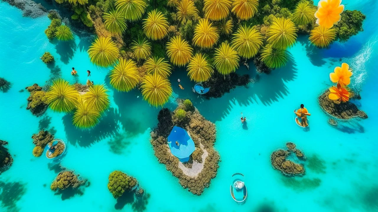 A top down view of a vibrant tropical island with people floating inside of a cool refreshing drink