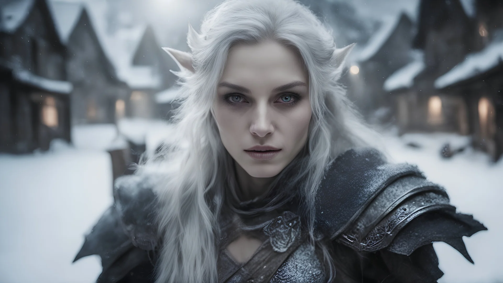 Photoreal godlike magnificent guardian of the Eladrin elf woman fighting frenzy in a snow covered medieval village at night by lee jeffries otherworldly creature, in the style of fantasy movies, shot on Hasselblad h6d-400c, zeiss prime lens, bokeh like f/0.8, tilt-shift lens 8k, high detail, smooth render, unreal engine 5, cinema 4d, HDR, dust effect, vivid colors