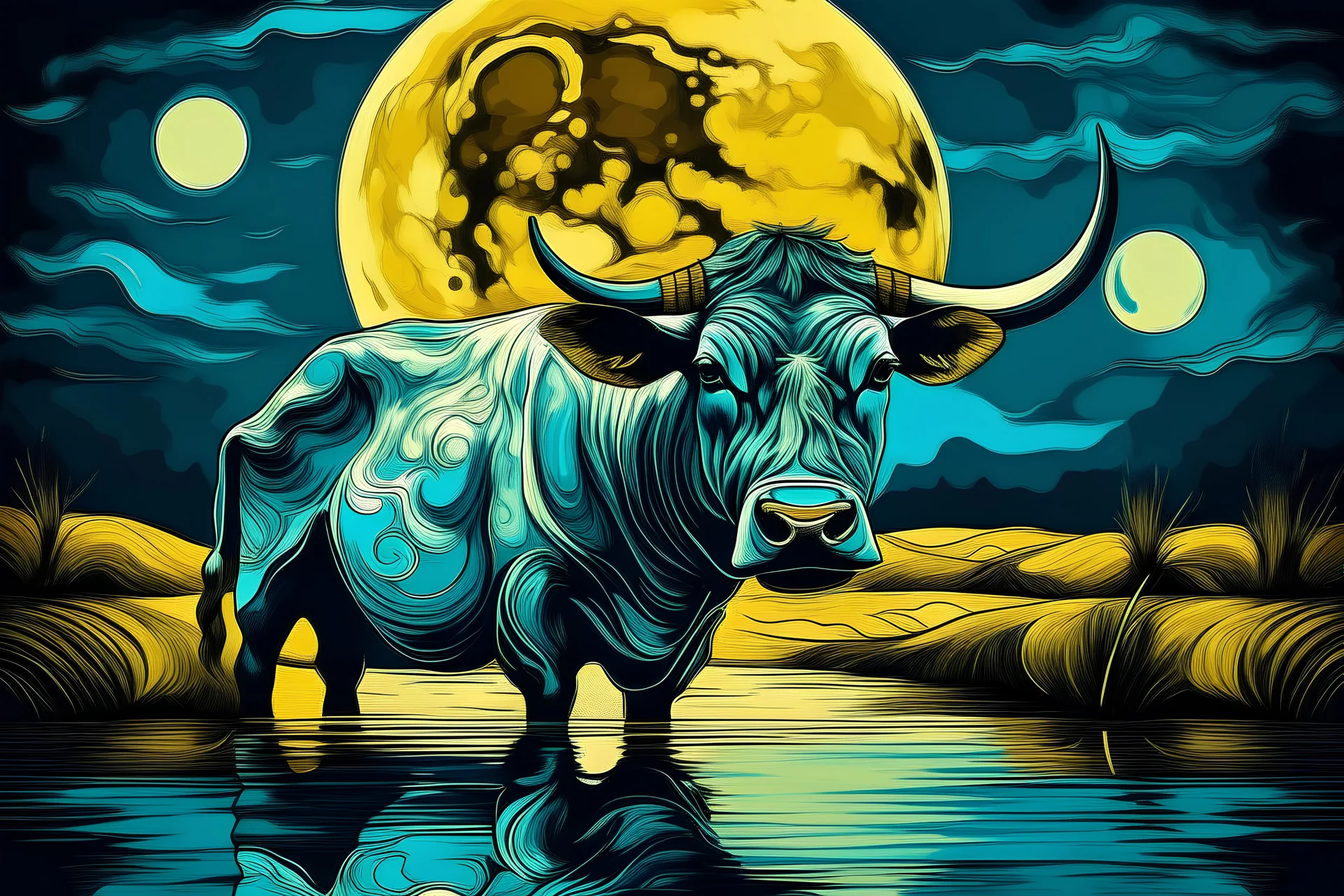 un toro con una luna en su cabeza que se refleja en la laguna al estilo van gogh
