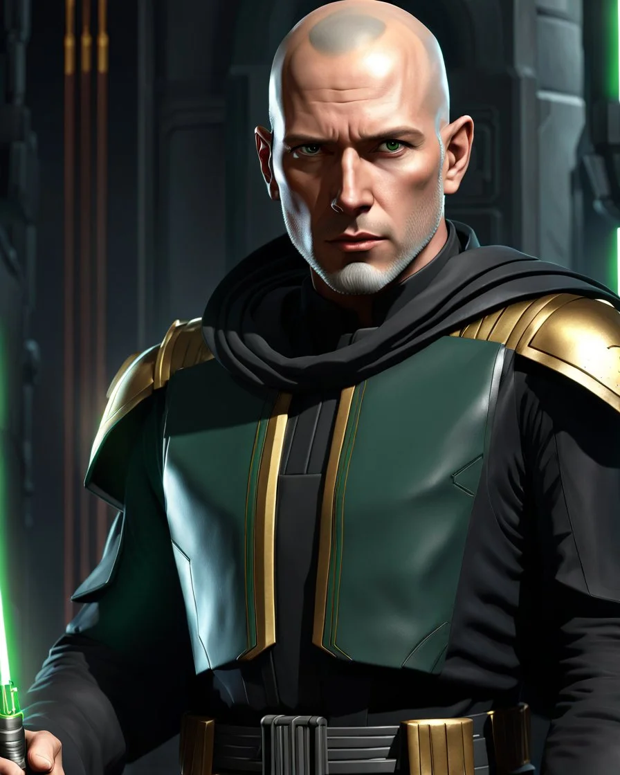 star wars bald male corellian jedi pilot wearing black and gunmetal grey old republic armored robes with gold trim inside the jedi temple holding a lightsaber with viridian green blade in left hand, centered head and shoulders portrait, hyperdetailed, dynamic lighting, hyperdetailed background, 8k resolution, volumetric lighting, light skin, fully symmetric details