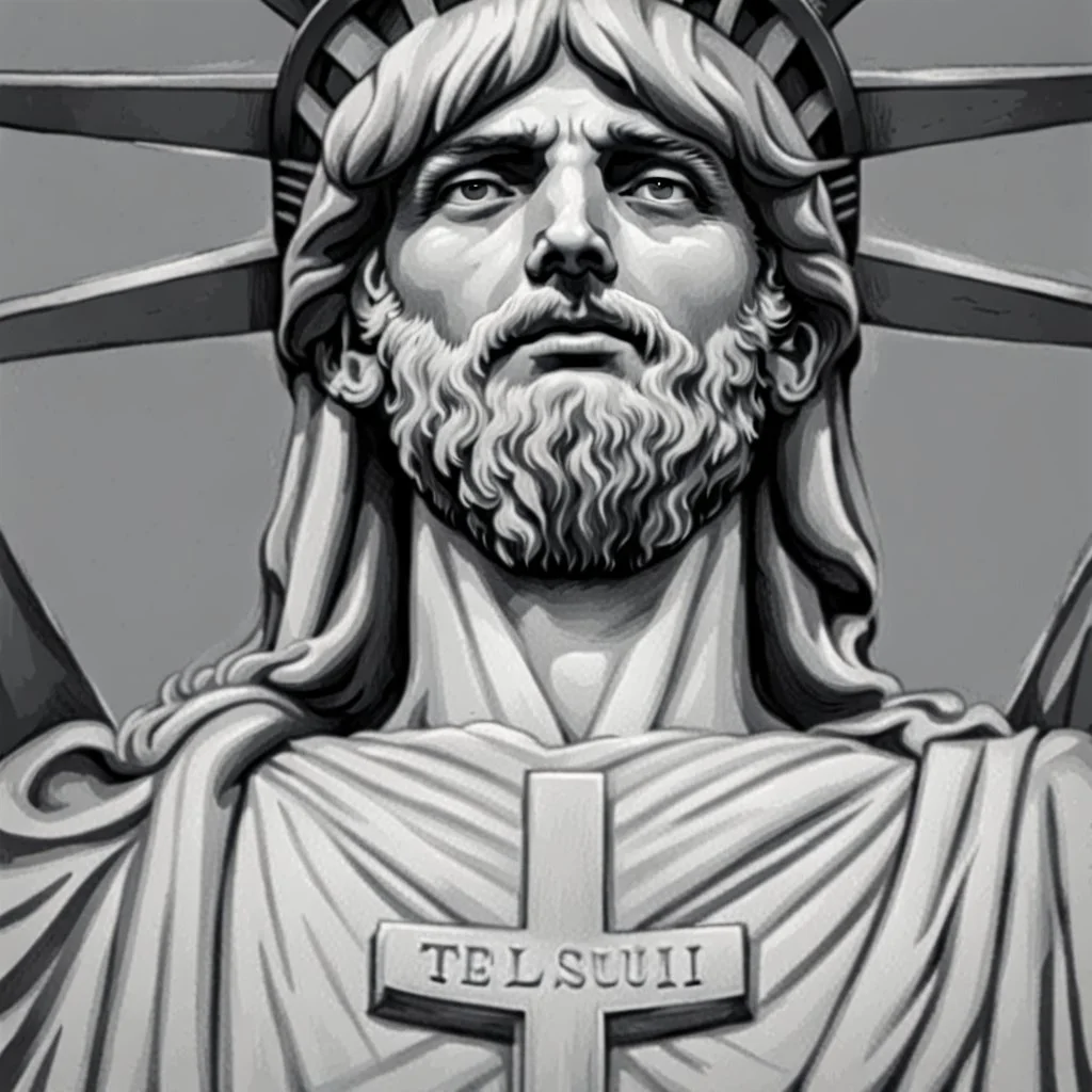 line toned, hedcut, wsj style, statue of Jesus of Liberty with a beard and wearing a cross and hanging from a cross, The statue male, hyperdetailed intricately detailed photoillustration ink drawing dystopian 8k resolution entire body of the statue is in the picture. digital illustration telephoto lens photography , same colors as the us treasury's one dollar bill, crucified"