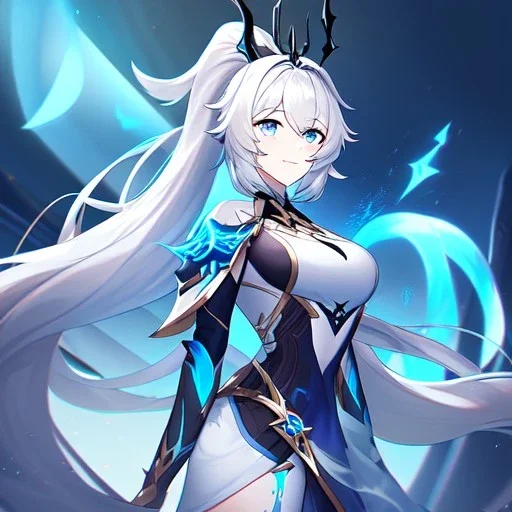 Clear focus, 8k, beautiful lighting, vibrant colors, girl, white long hair, vibrant blue eyes, messy hair, ponytail, honkai impact, herrscher of flamescion outfit,