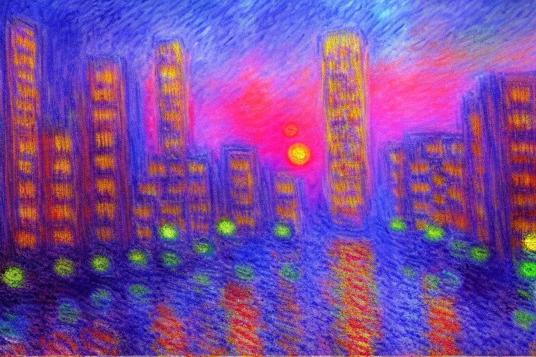 City near trees, sci-fi, Photography, hyperrealism, hd, claude monet impressionism retrowave painting