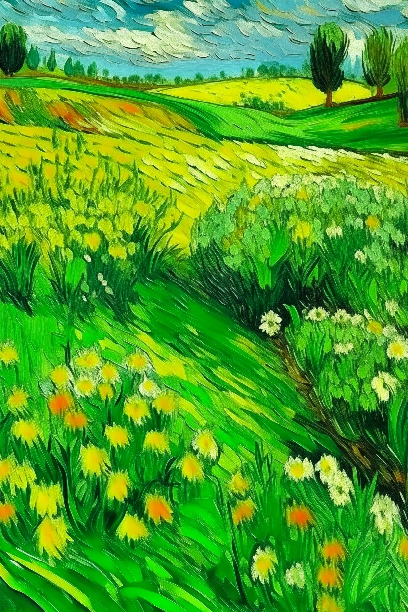 A lime green fields with flowers painted by Vincent van Gogh