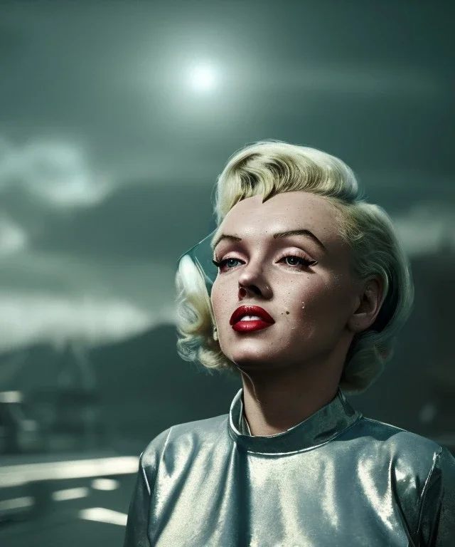 Ultra Realistic retro sci-fi 1960 scene, waist up view portrait, blonde woman, sweet young Marilyn Monroe face, perfect iris, tight latex coat, Strange planet background, Retro sci-fi style glass helmet, sphere dron, fog, rain, soft color, highly detailed, unreal engine 5, ray tracing, RTX, lumen lighting, ultra detail, volumetric lighting, 3d, finely drawn, high definition, high resolution.