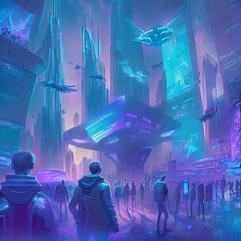 A group of people gather in a futuristic plaza, surrounded by towering skyscrapers and holographic advertisements. The plaza is filled with blue and purple light, and flying vehicles can be seen in the background. Digital art