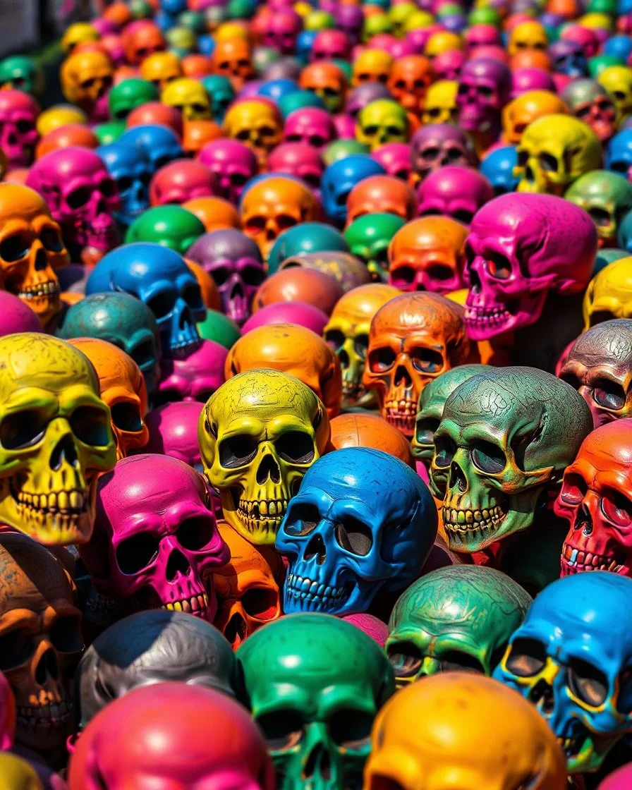 a field of skulls, multi colored, bright, vivid, psychedelic, high detailed, matte, , horrorcore, lining the street, unsettling contrast