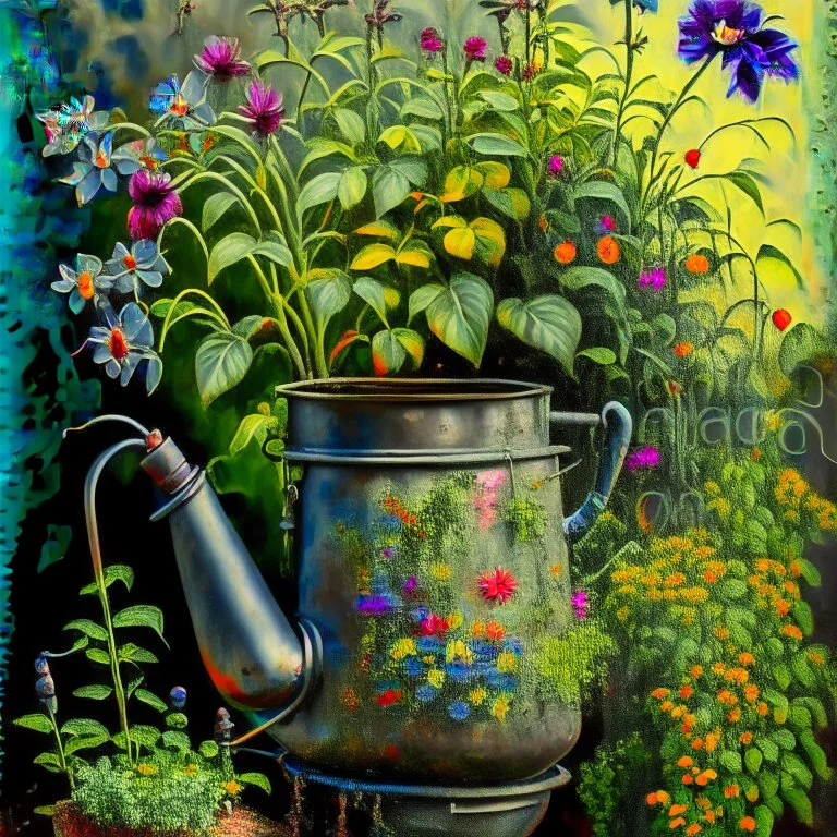 beautiful old watering can surrounded by gorgeous plants and flowers Modifiers: Award winning photography oil on canvas beautiful