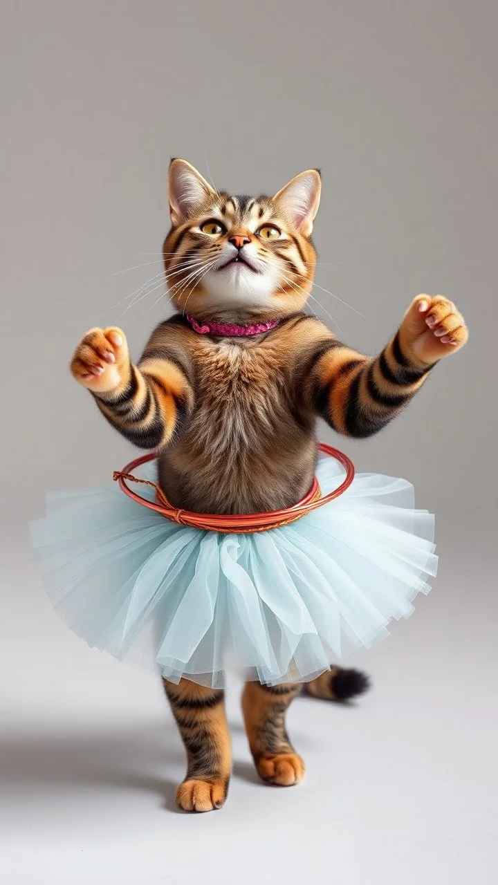 A cat dressed like ballerina playing the Hula Hoop around her waist happy and smiling