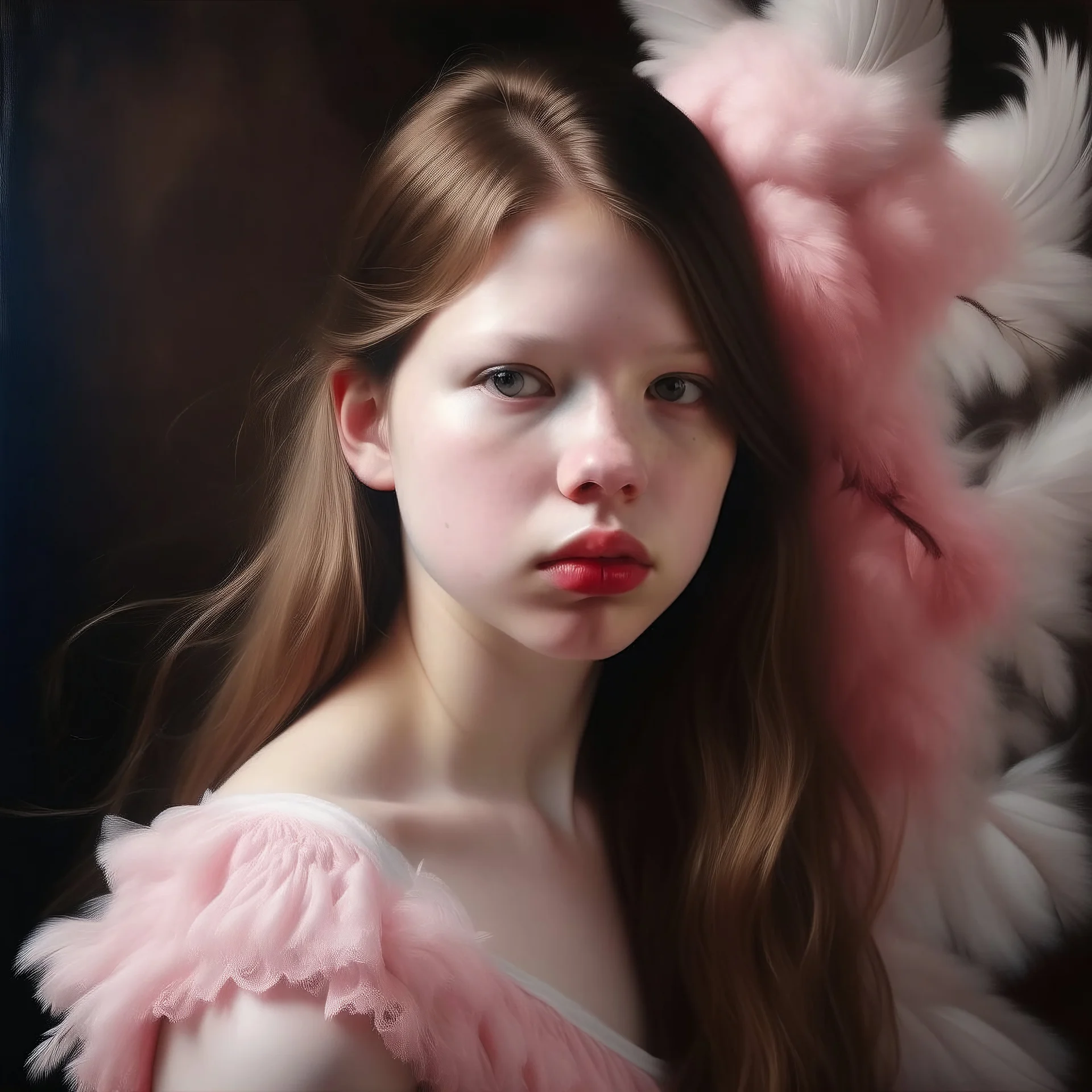 Feathering portrait of Mia goth, Cotton candy dress,rosy cheeks