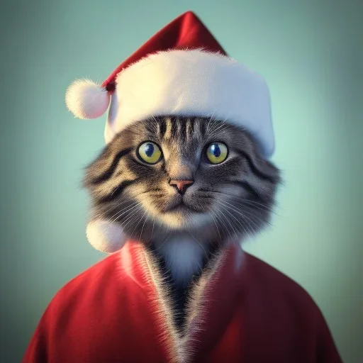 a beautiful portrait of a cute cat dressed as santa, by greg rutkowski and wlop, high key lighting, volumetric light, digital art, highly detailed, fine detail, intricate, ornate, complex, octane render, unreal engine, photorealistic unreal 5, octane render, cinema4d, redshift render, hyper realistic, cenematic, vibrancy, synthwave, retouch, centered, dynamic lighting, dramatic lighting, 4k, highly detailed, attractive beautiful, realistic, epic composition, holographic,