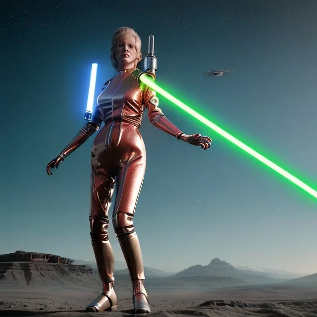 Ultra Realistic retro sci-fi portrait image from 1960, spaceship, sweet young Jane Fonda, dress with tight latex suit, fighting stance with lightsaber, soft color, highly detailed, unreal engine 5, ray tracing, RTX, lumen lighting, ultra detail, volumetric lighting, 3d, finely drawn, high definition, high resolution.