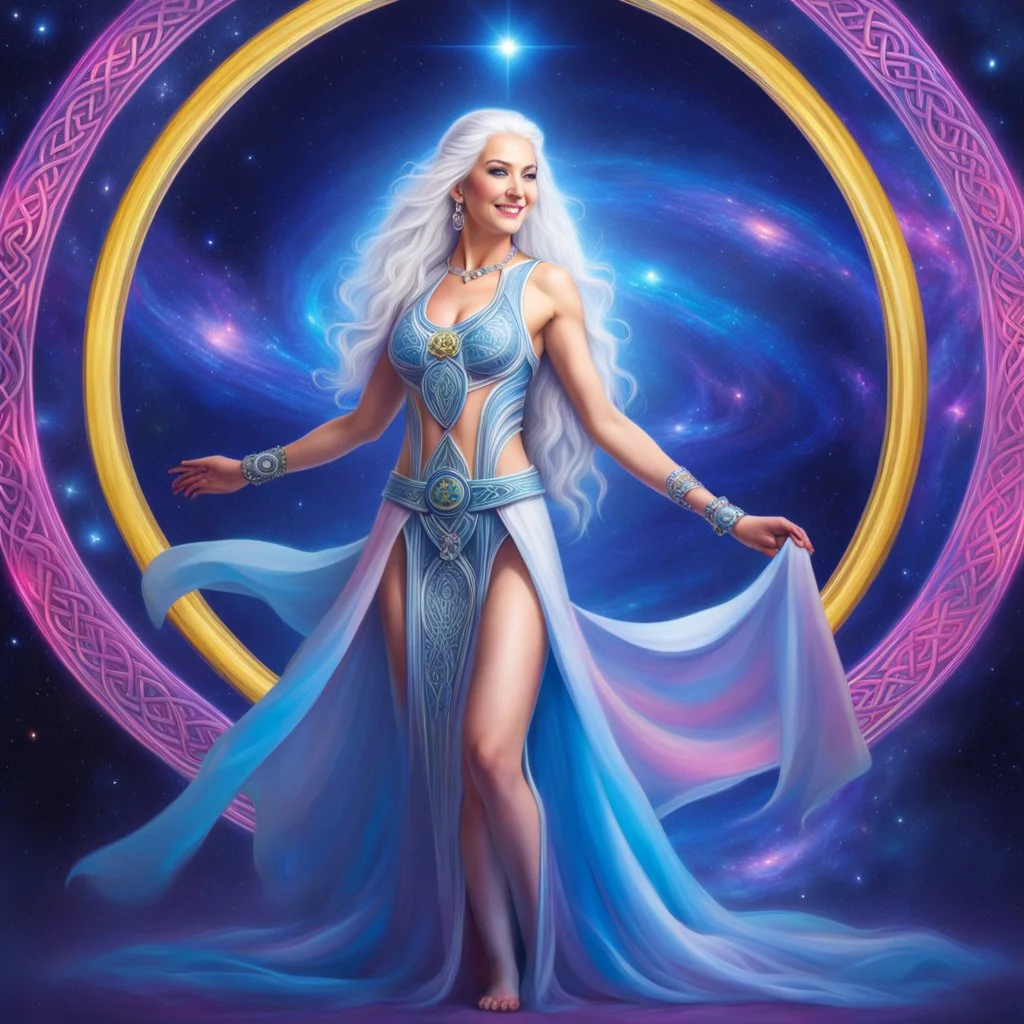 full body photorealistic portrait of a gorgeous smiling celtic spiritual priestress with long parma white hair, tight hips with a tron like body suit dancing tribute to the galaxy in a cosmic surounding only blue , pink and yellow, crystal jewels