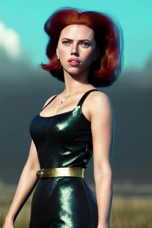 retro portrait image from 1960, sky background, wind, long red hair, fighting stance, sweet young Scarlett Johansson, black dress, classic tight lycra black suit, weapon, gold bracelet and belt, high heel boots, soft color, highly detailed, unreal engine 5, ray tracing, RTX, lumen lighting, ultra detail, volumetric lighting, 3d, finely drawn, high definition, high resolution.