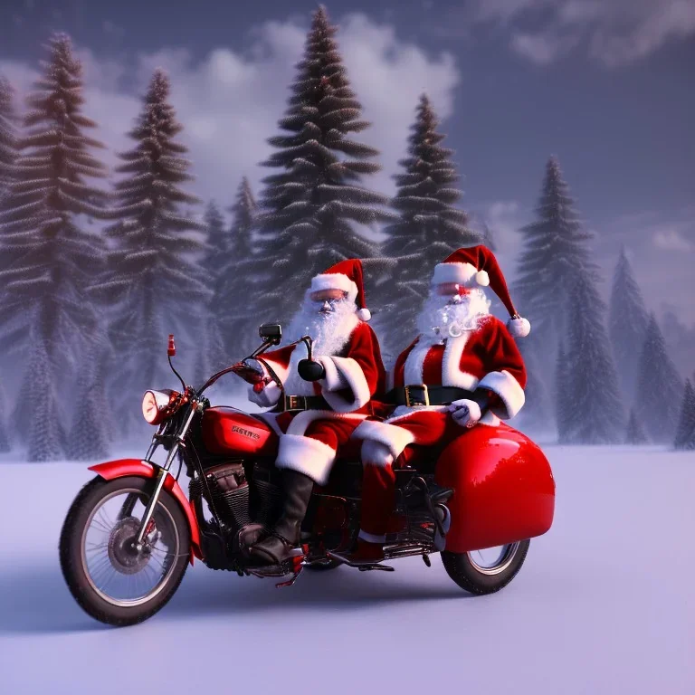 multiple santas driving a motorcycle arround christmass tree