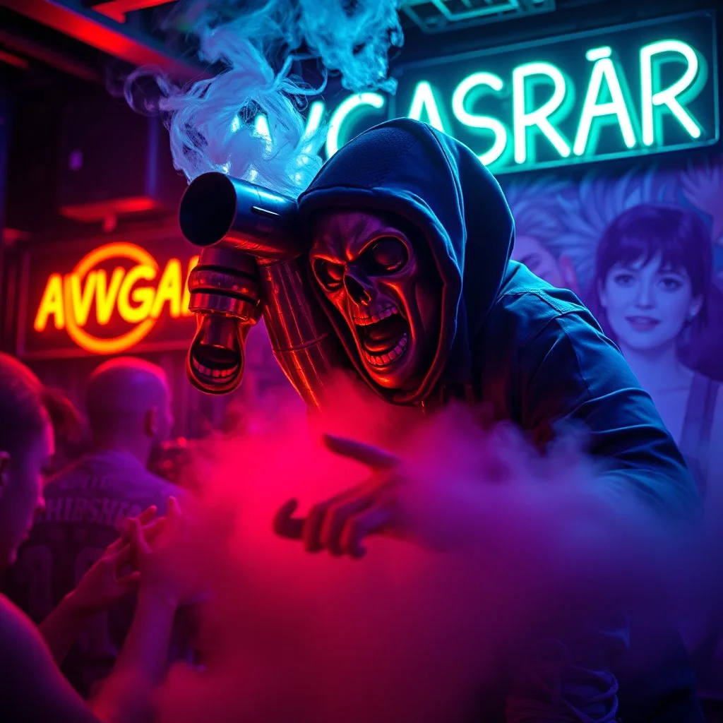 An exhaust pipe performing at dance club, his name is "exhaust pipe" and looks crazy, looks very aggressive look, Neon lights and smog, "AVGASRÖR" SIGN ON WALL