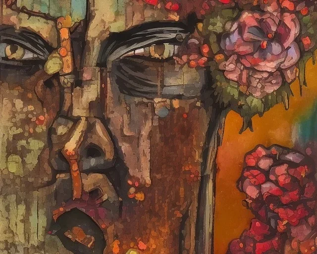 an abstract painting of rusted metal and flowers, african portrait, rust, scaffolding, iron cladding, decay, mixed media, textured, anatomically correct, beautiful perfect face, sharp focus, highly detailed