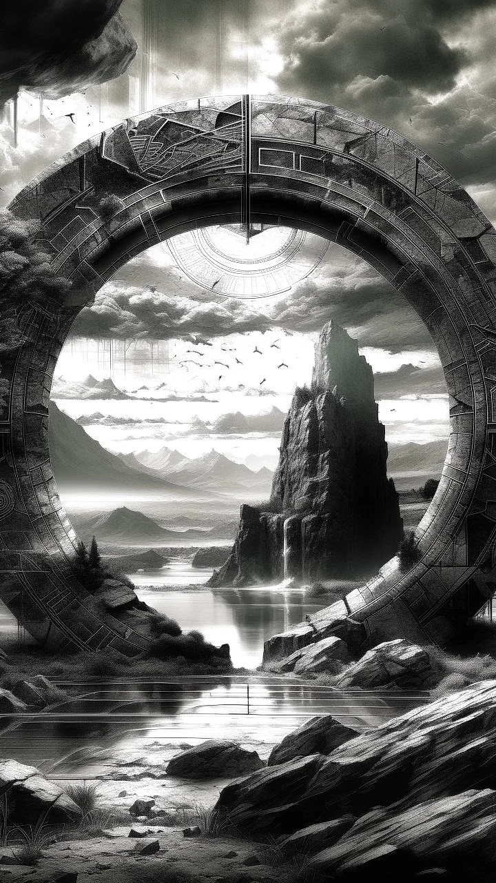 image of A rocky portal of a strange ring with strange symbols on it , the world of gray. those in the grayscale. Those beyond the portal in the color world are scary a stormy wether in the. Background in fine lines draw