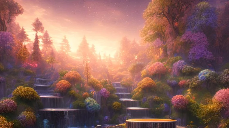 crystal cosmic and galactic ambiance hill sky stairs sunset trees pools river surreal, full of details, smooth, bright sunshine，soft light atmosphere, light effect，vaporwave colorful, concept art, smooth, extremely sharp detail, finely tuned detail, ultra high definition, 8 k, unreal engine 5, ultra sharp focus