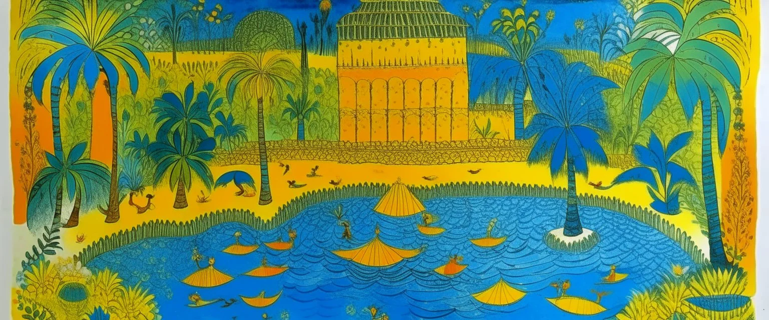 A blue resort on a splashing island designed in Mehndi design painted by Georges Seurat