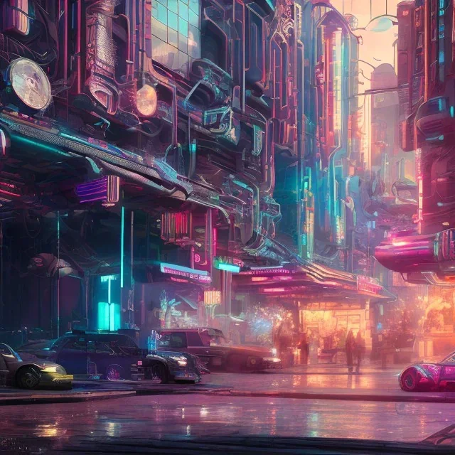 paysage building, fleur, chrome, synthwave, concept art, couleur vibrante, Tokyo