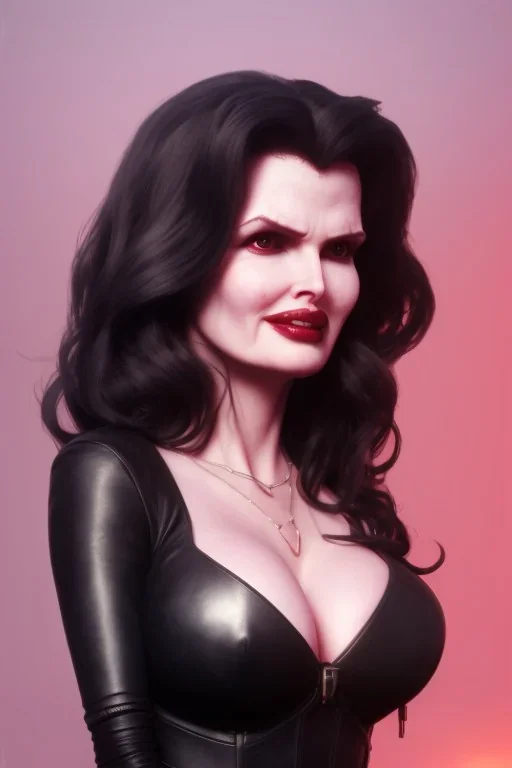 Geena Davis as evil queen in black leather, leather, busty, cleavage, angry, rage, stern look. character design by cory loftis, fenghua zhong, ryohei hase, ismail inceoglu and ruan jia. unreal engine 5, artistic lighting, highly detailed, photorealistic, fantasy