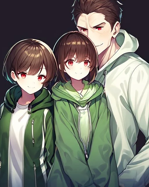 He is 16 years old, feminine in appearance but is a boy, has short dark brown hair, wears a green blouse with a zipper and hood and a white shirt underneath, has red eyes, Determined smile, dark background reminiscent of a nightmare, one character