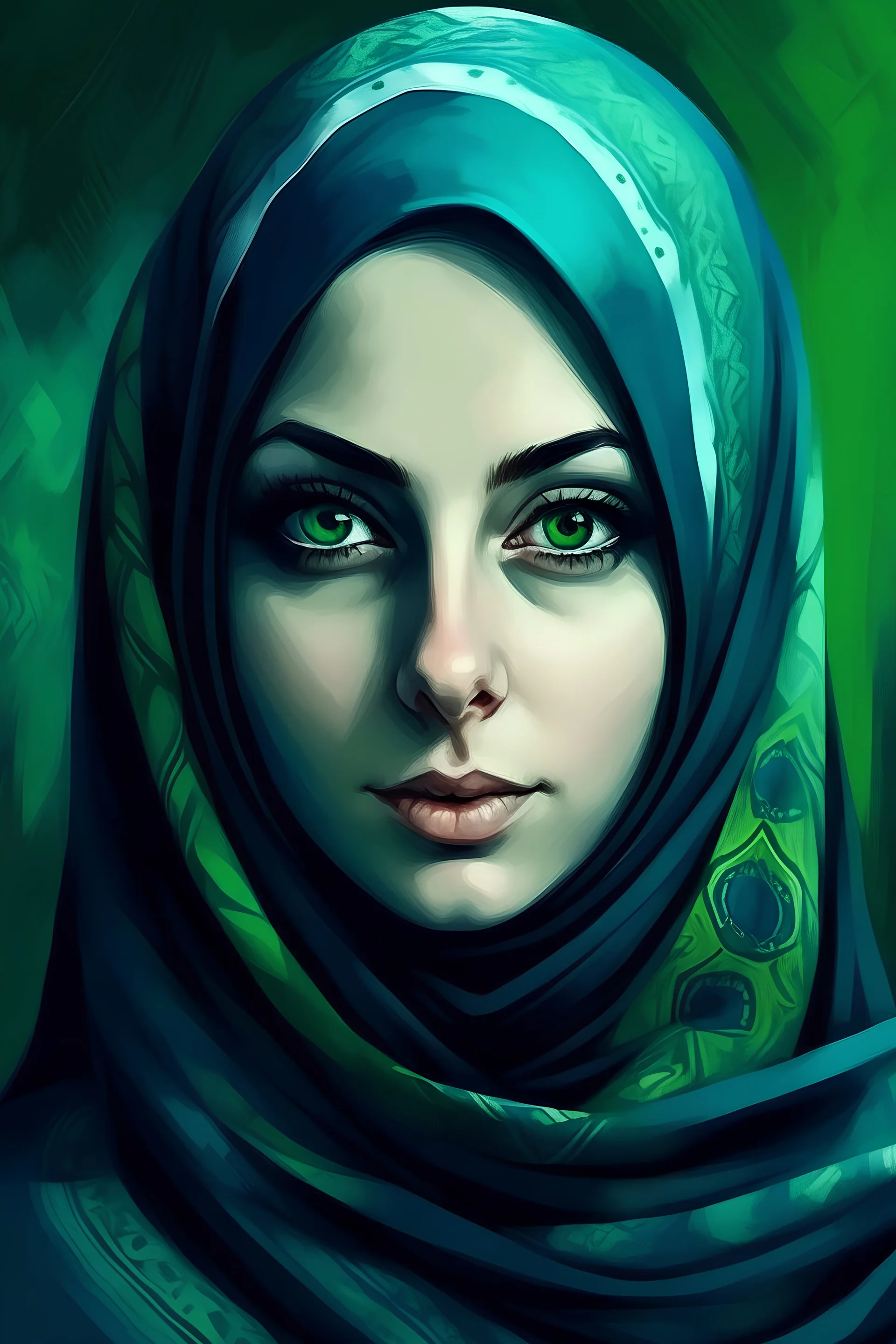 a painting of a beautiful woman muslim with long dark blue and light green hijab, 23 years old, beautiful big, symmetrical ayes