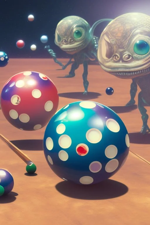 2 Aliens are playing pool and laughing. the balls on the table are planets. The main ball is planet earth. High resolution, 3d render and 8k