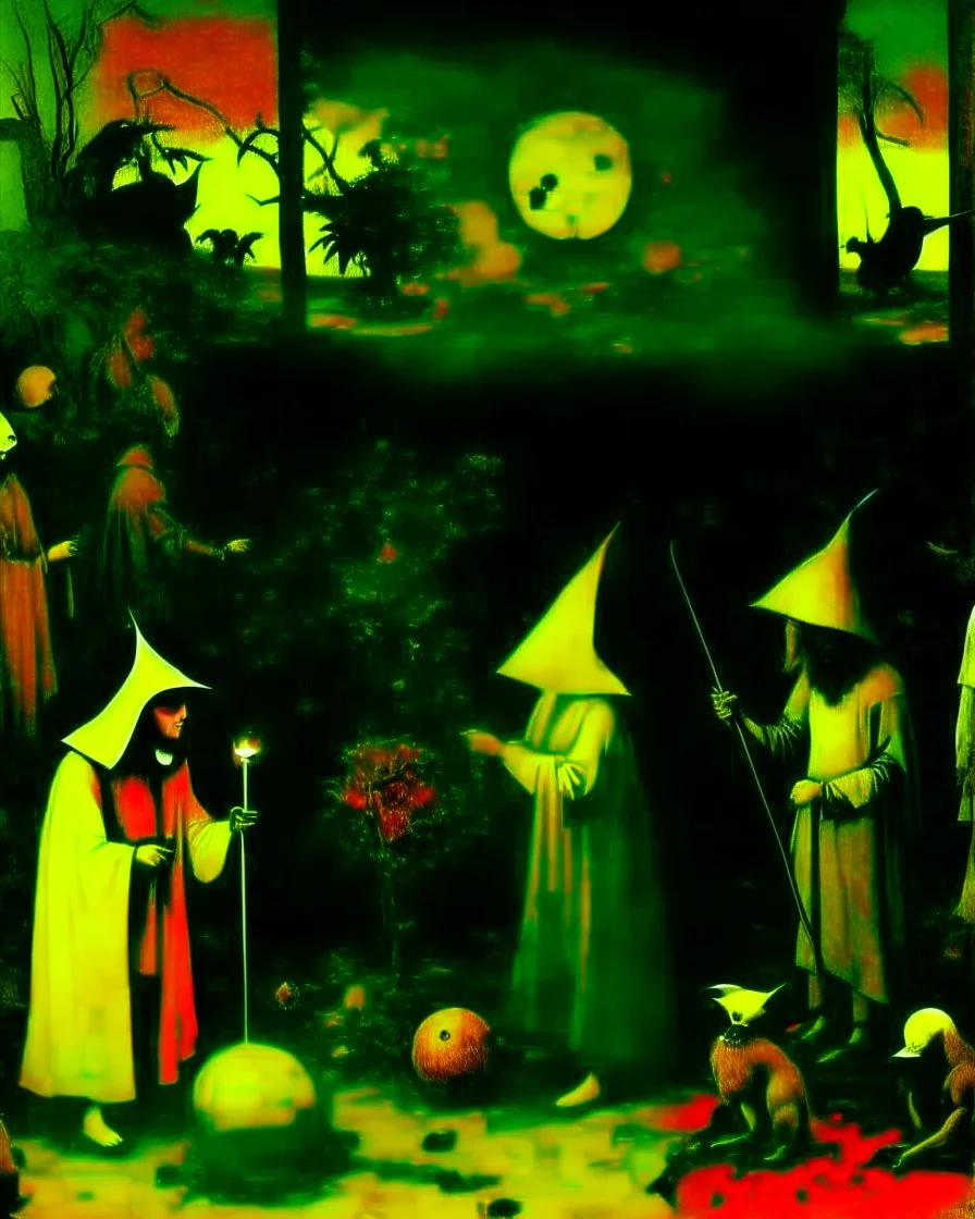 some mysterious figures, odd background, cinematic, Hieronymus Bosch, Max Ernst, vegetal life, rotten, ambient light, cry, ritual