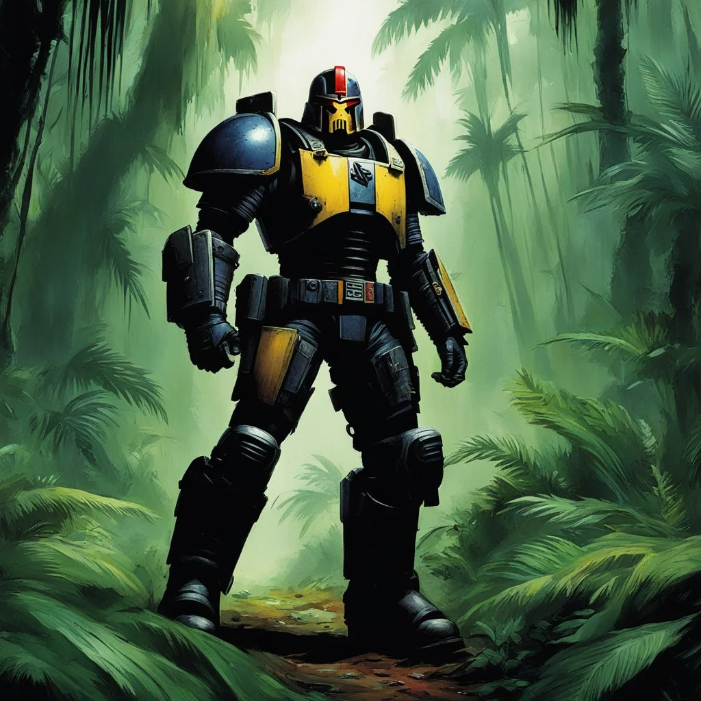 [a plane warhammer 40,000] judge dredd in heavy power armour, with boots in the jungle were a plane crashed